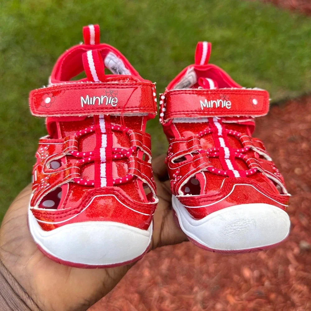 Disney Minnie Mouse Toddler Girls Red Glitter Polka Dot Light Up Sandals Size 7